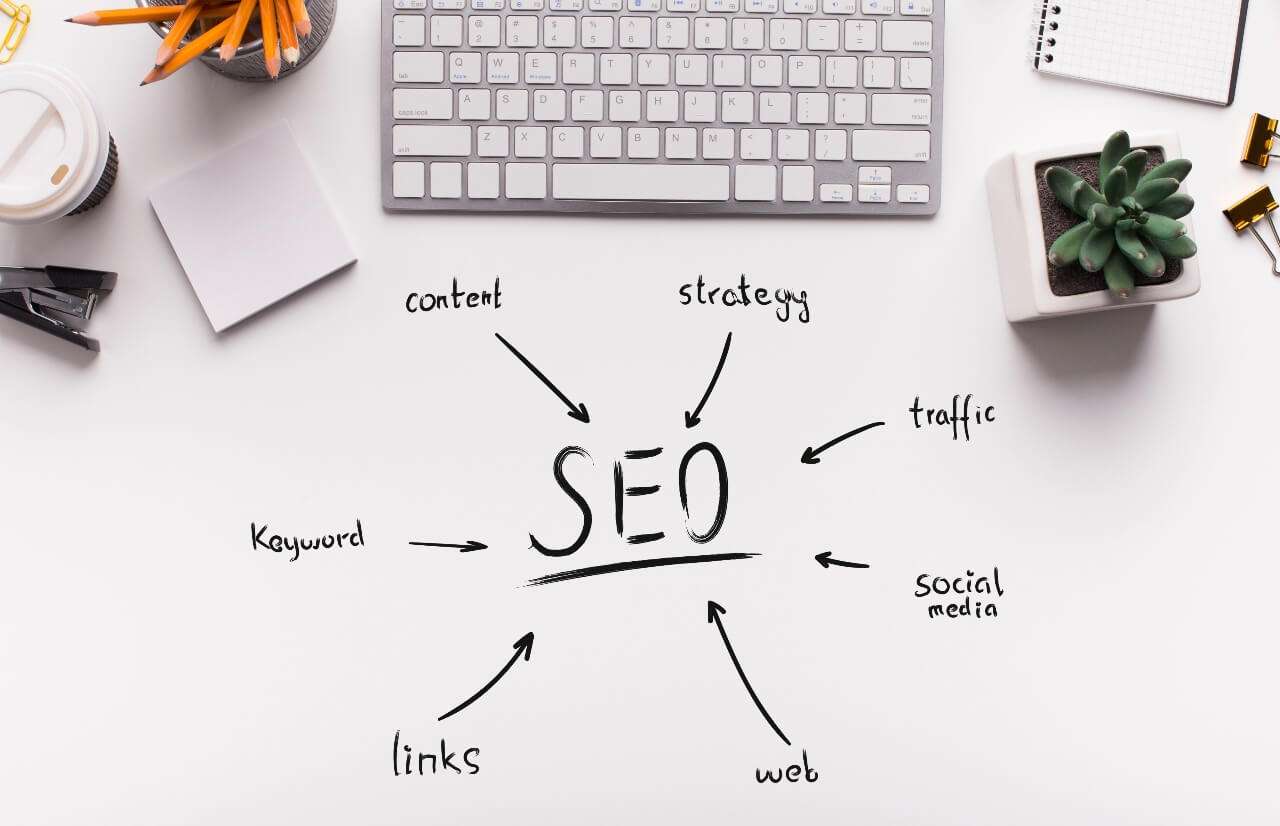 "Kontorarbeidsplass med SEO-diagram – symbol for digital synlighet og strategi